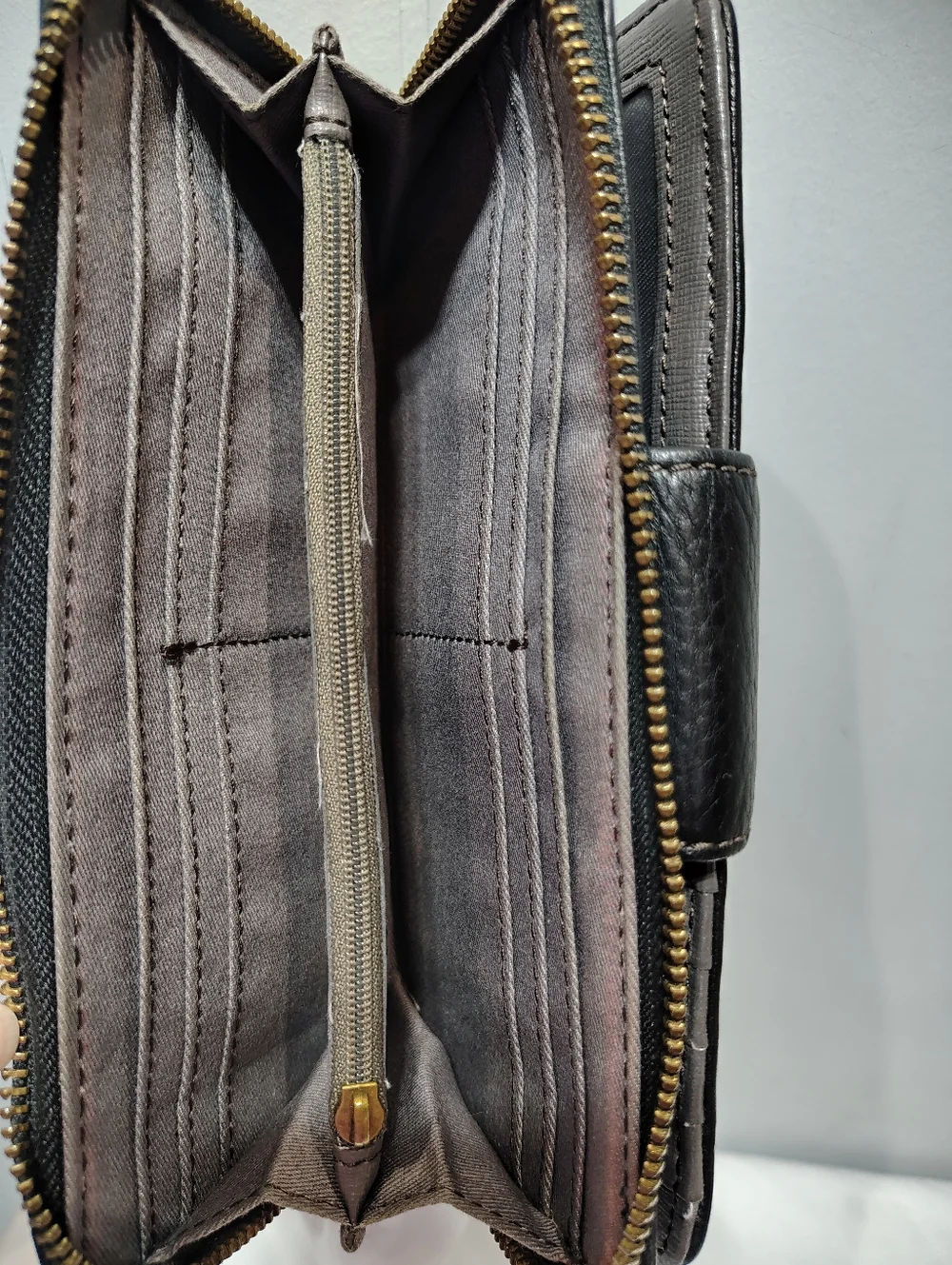 Fossil Black Leather Zip Around Wallet Wristlet Organizer Clutch Large
